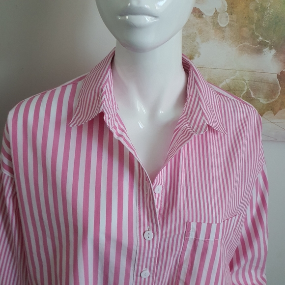 Decjuba Oversized Striped Pink White Button Up Shirt Size S NWOT - Picture 2 of 11